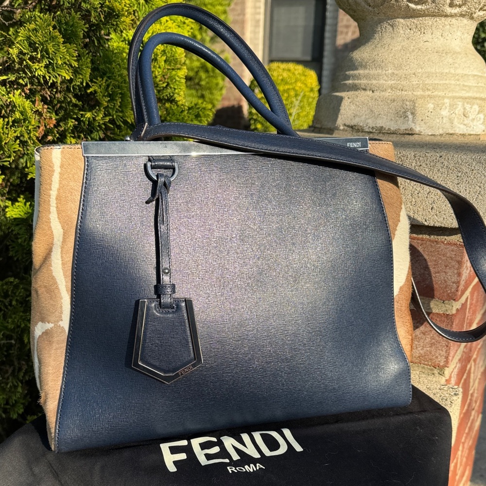 EUC Fendi 2Jours Leather Satchel Navy Leather ( tan and white pony hair trim) - Picture 3 of 16